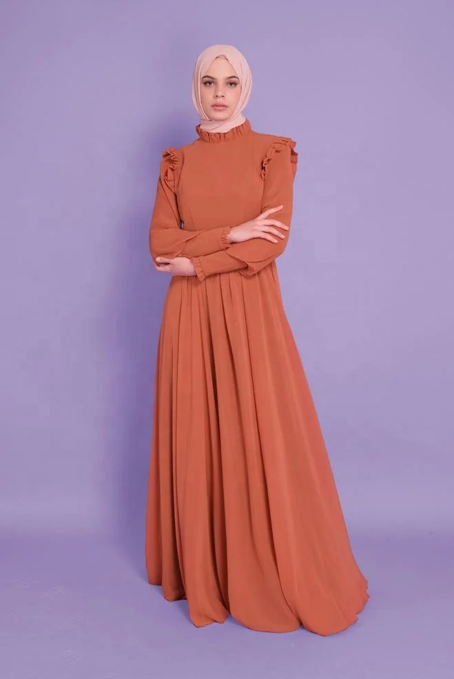 Custom design round collar gathers white balloon sleeve belted chiffon modest solid color muslim women hijab dress