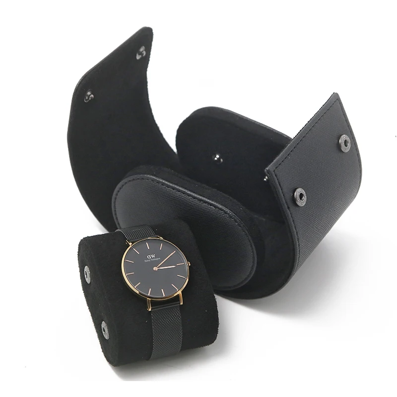 Wholesale Custom Single Design Black Watch Box Leather 1 Slot Travel Watch Case Box Luxury Leather Watch Roll Case