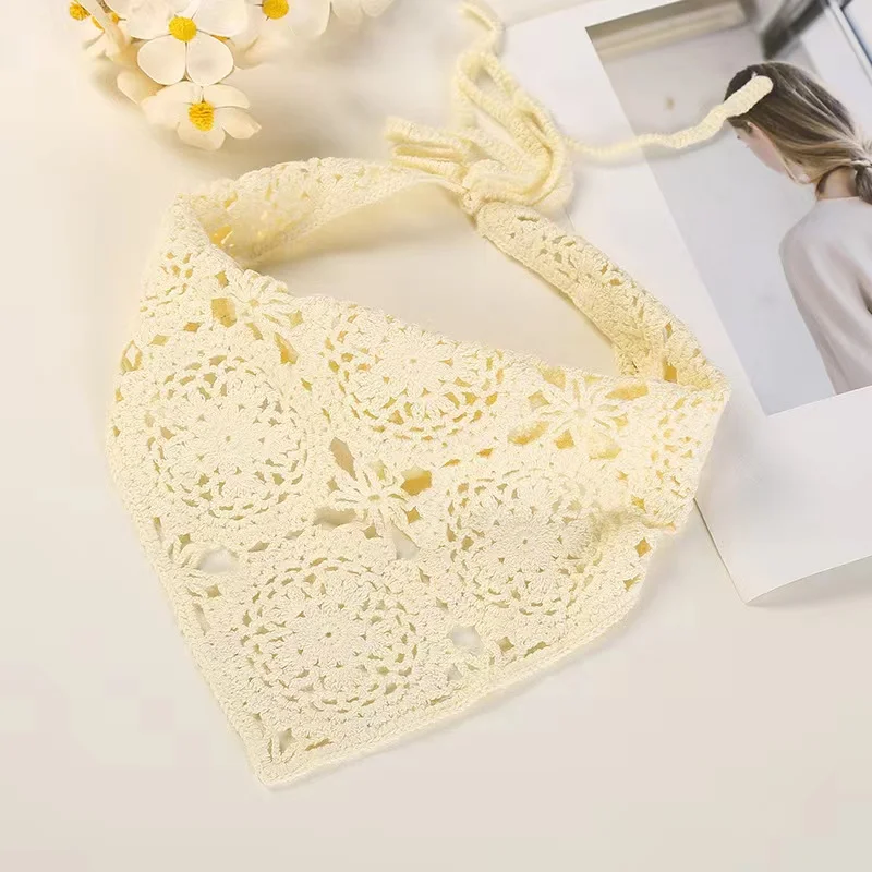 2023 New Arrivals Fashion Girls  Crochet Headwear Pure White Solid Color Fresh Knitted Hair Scarf Triangle Headbands For Women