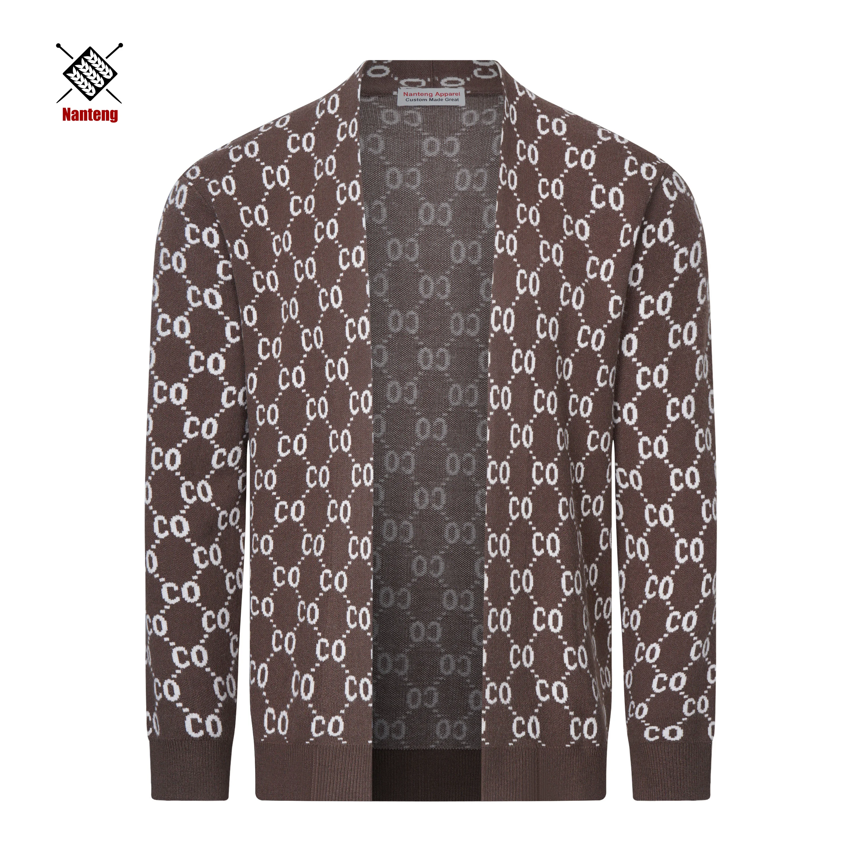 Nanteng Custom Super Fine Full Logo Argyle Jacquard V-Neck For Business Wool Knitwear Button Men Cardigan Sweater