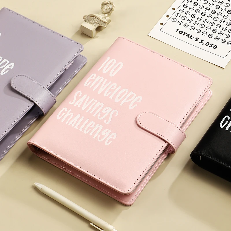 Shiny Pink 100 Envelopes Budget Binder Money Saving Challenge Diary with Leather Cover and Cash Envelopes