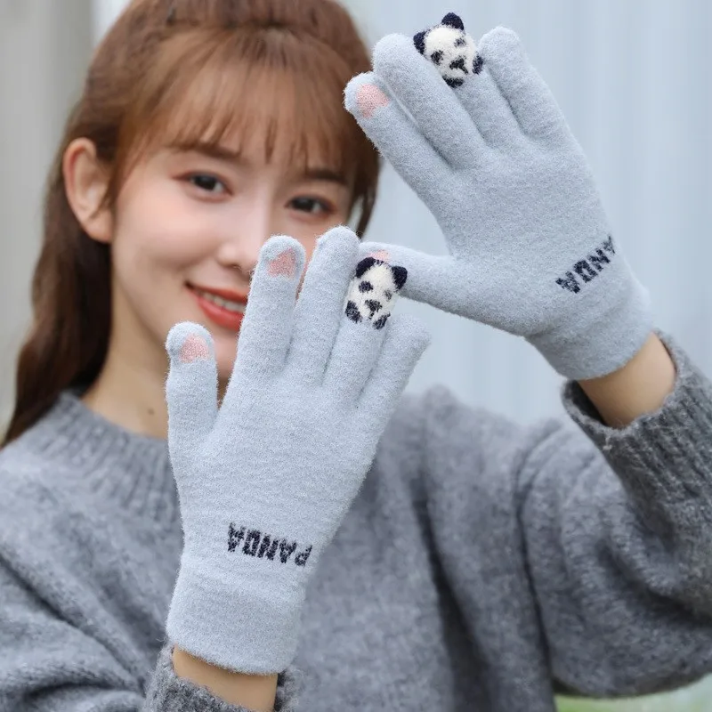 Winter Female Gloves Outdoor Imitation Cashmere Full Finger Gloves Girls Cute Panda Finger Gloves