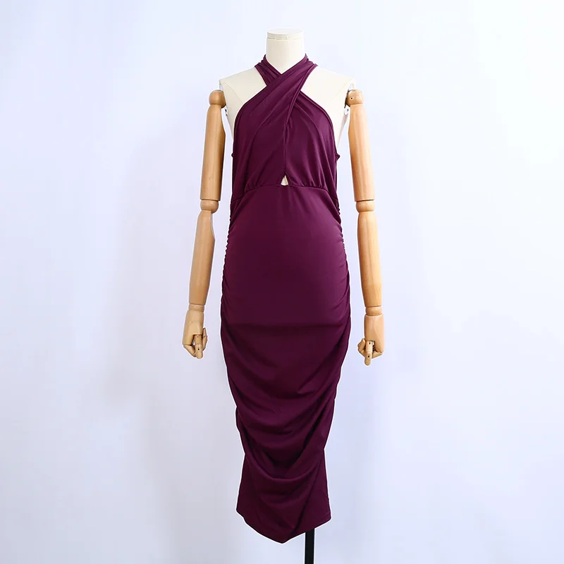 Wholesale Women Solid Color Halter Wrap Front Waist Pleated Midi Dress