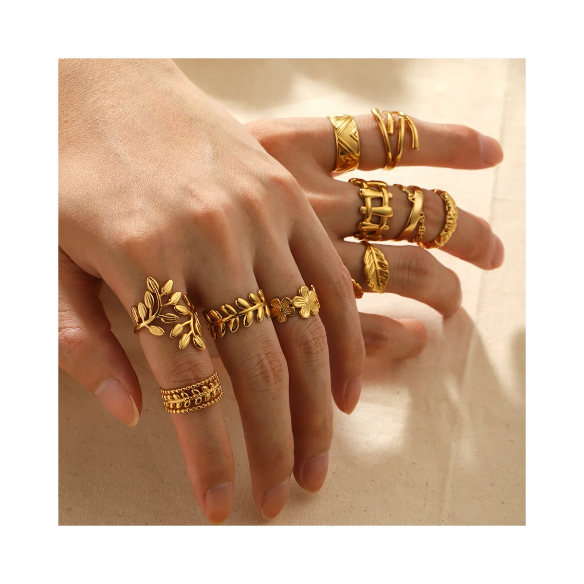 Multi-layer Hollow Flower Leaf Open Ring Trendy Ins Gold Plated Stainless Steel Waterproof Natural Geometric Adjustable Ring