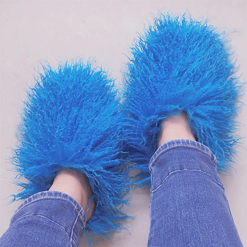 Luxury winter Fur Slipper Colorful Furry faux sheepskin Indoor Warm Wool Cotton women Slippers snow boots