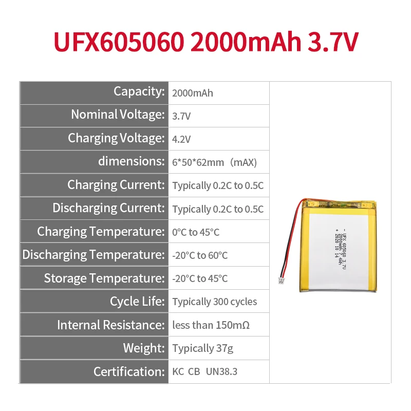 Wholesale High Quality Lithium Ion Polymer Battery Wholesale Smart Door Lock Battery UFX 605060 2000mAh 3.7V LiPo Battery