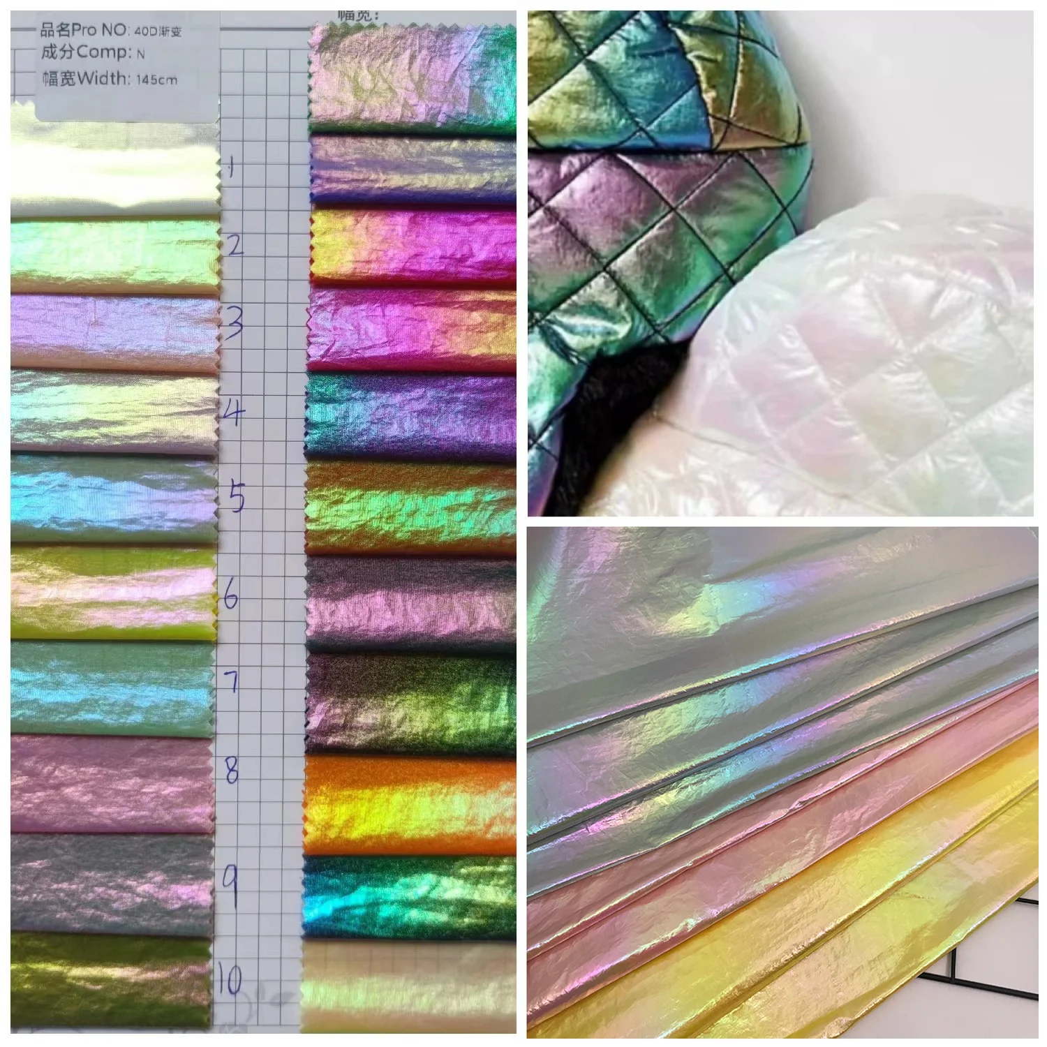 Metallic Foil woven 40D nylon wrinkle taffeta glossy color Gradient waterproof Pu coating glitter fabric for jacket, bags
