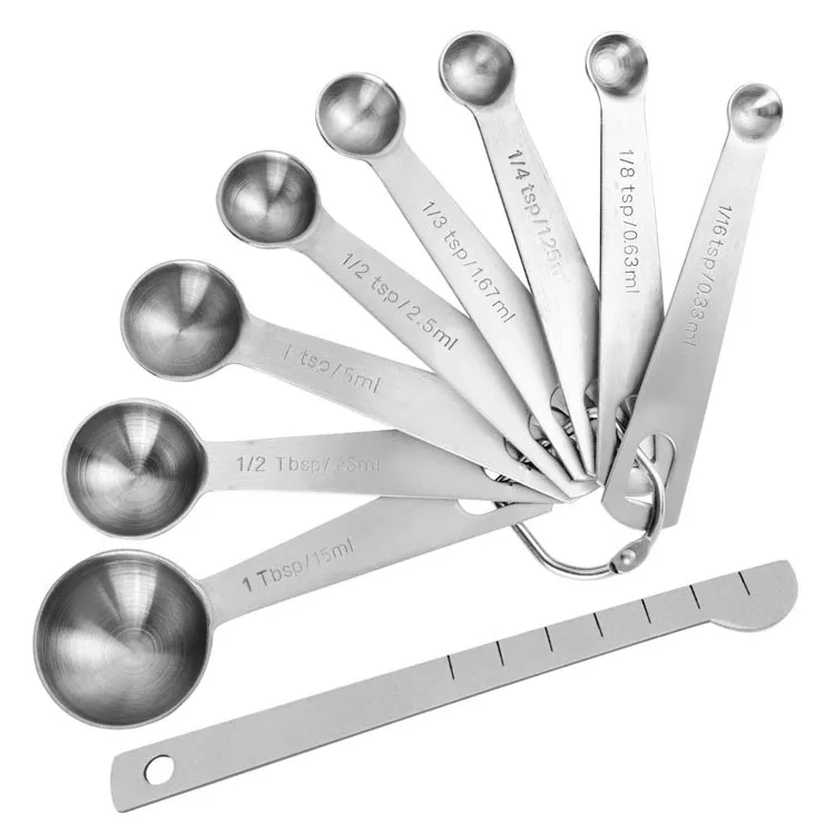 Set of 9 Stainless Steel Metal Measuring Spoons with Leveler and Whisk