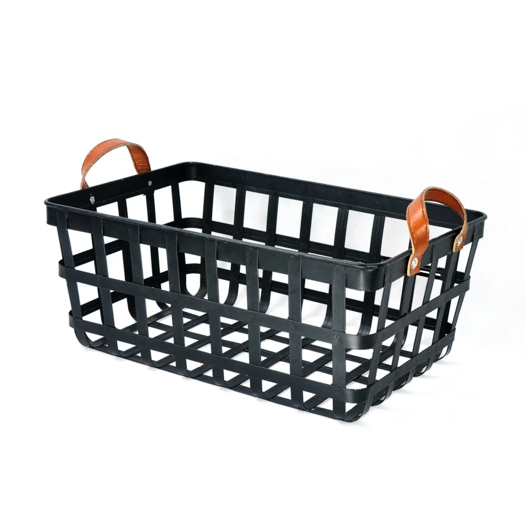 IVYDECO Set of 3 Antique Metal Storage Baskets Vintage with Leather Handles Industrial Handcraft Black Neatening/storage Baskets