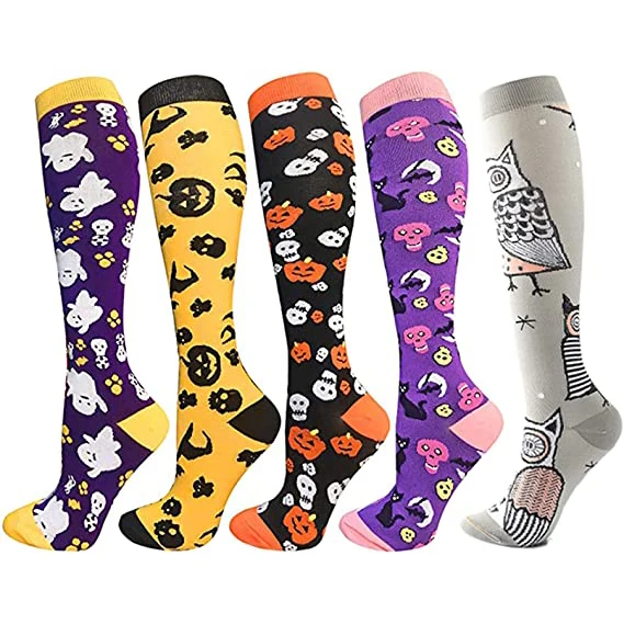 Halloween Socks Athletic Ghost Pumpkin Skulls Festival Knee High Socks Graduated For Sport Nurses Compression Socks