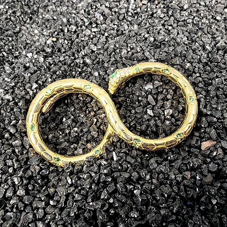 Fine Jewelry 18K Gold Plated Green Eyes 925 Sterling Silver Marquise Lab Grown Emerald Serpent Snake Two Finger Ring for Women