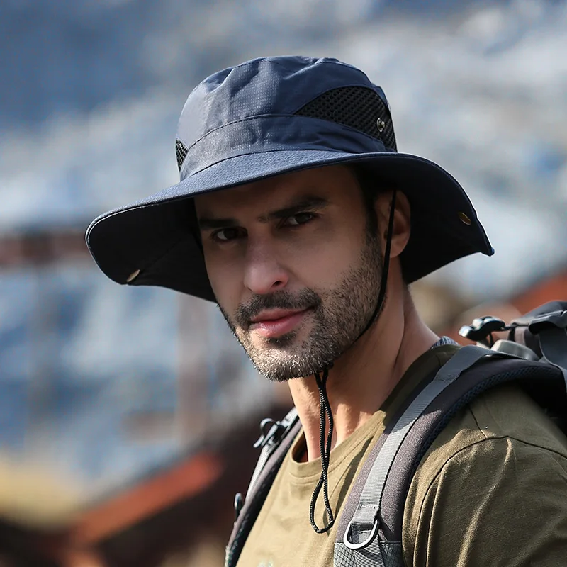 Adjustable mesh uv protection fishman hat with strap designer outdoor wide brim foldable sport adult bucket surf hat with string