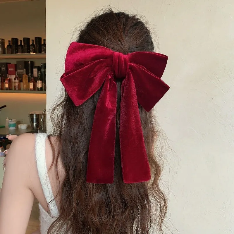 MIO Large velvet hair spring clip big bowtie sweet for lady red velvet bowknot women long tassel ribbon hairpins handmade