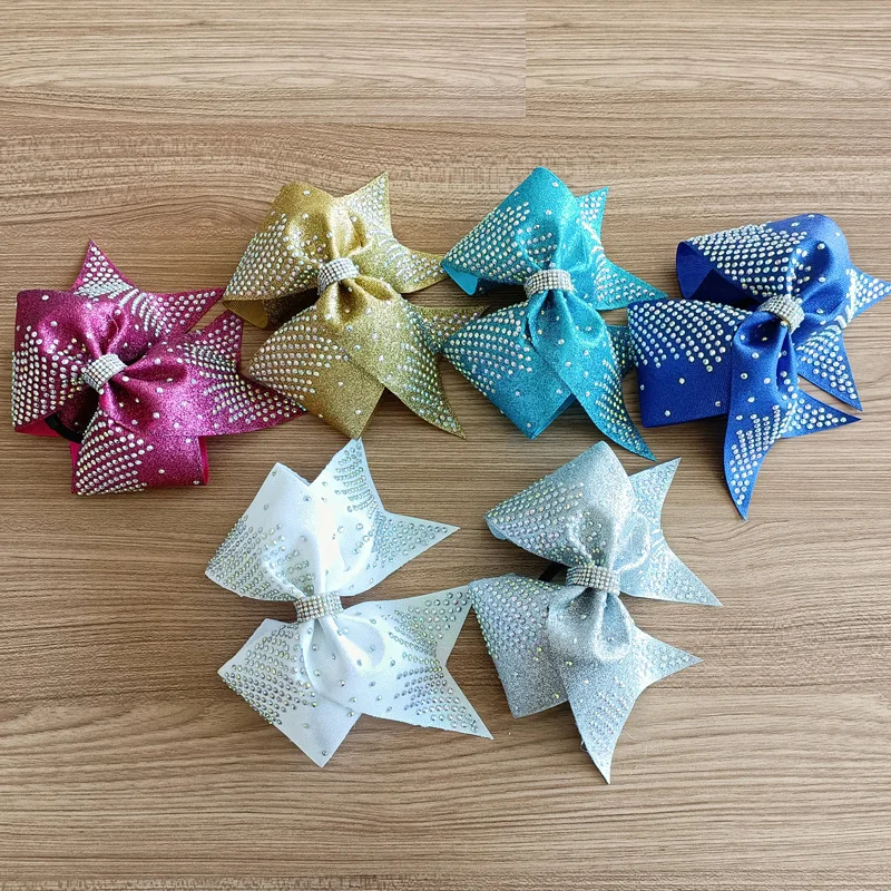 Wholesale Youth Team Bow Ponytail Holder Cheerleading Bow Softball Gifts Glitter Cheer Bows Rhinestone