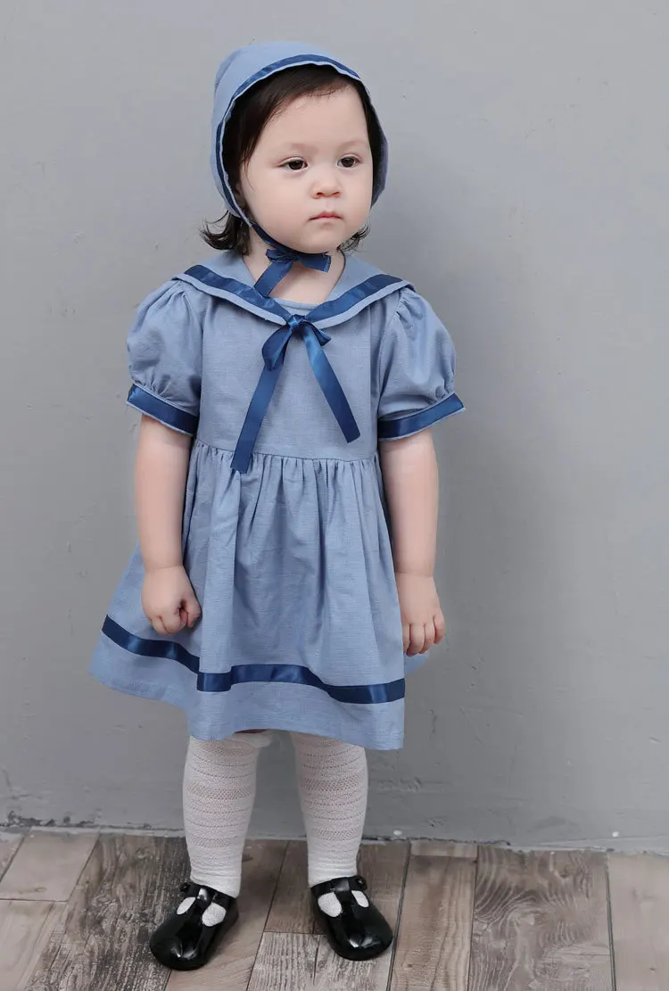 08AS solid blue princess design little baby girls princess dresses infant toddler kids cotton dress clothing boutiques