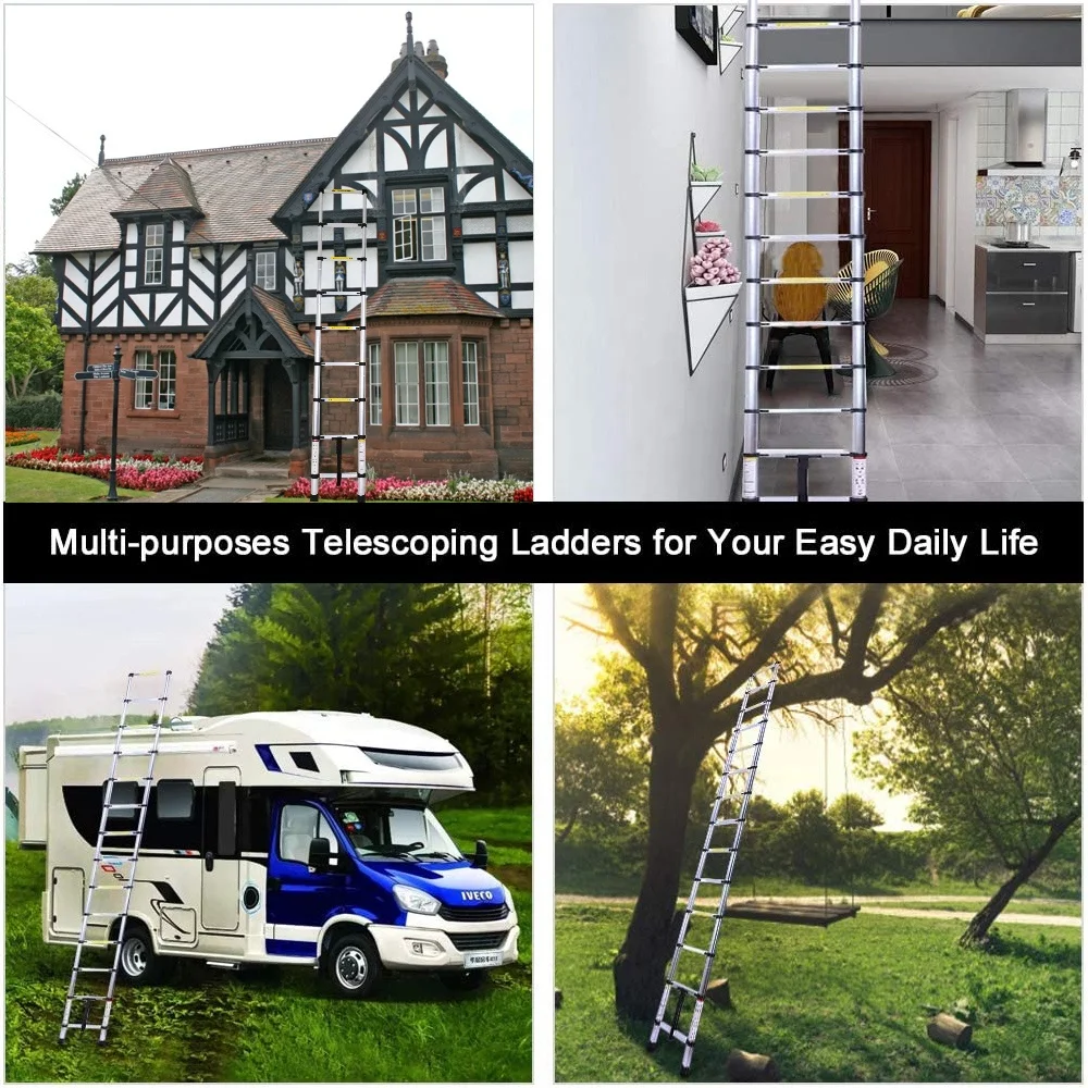 Durable EN131 Certificate 2M Length Telescopic Ladder Aluminum 550LBS Capacity Extension Multi-Purpose Folding Ladder
