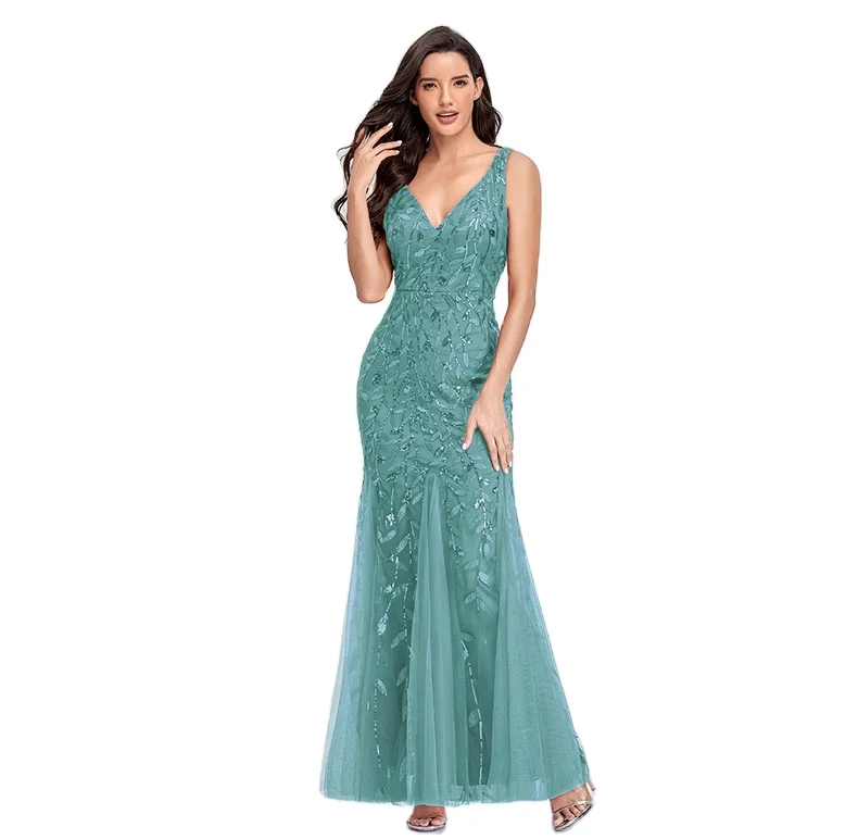 
2021 womens sleeveless V neck embroidered shining sequins Slim fishtail bridesmaid evening cocktail party maxi dress 