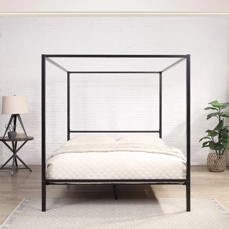 Modern Design Black Easy Assemble Queen Size Sturdy Iron Frame Hotel Canopy Metal Beds