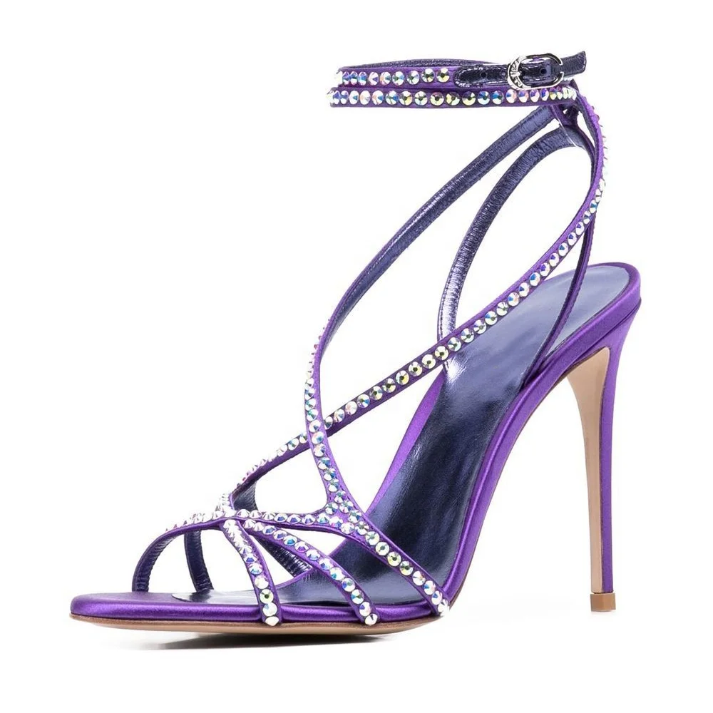 2022 Summer Plus Size High Heel Sandals Crystal Strappy Ankle Buckle Strap Round Toe Stiletto Satin Fancy Shoes Heels For Women