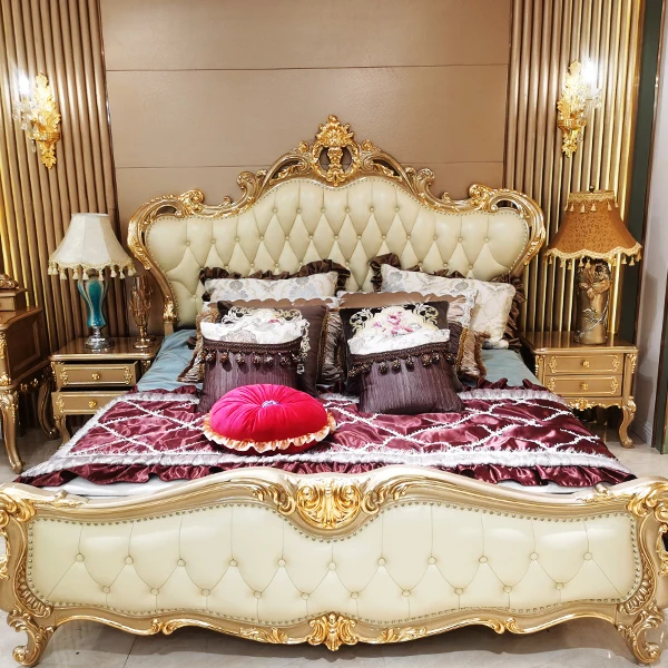 Высококлассная французская роскошная кровать размера «queen-size» мебель для спальни Классическая королевская резная однотонная деревянная двуспальная из натуральной кожи