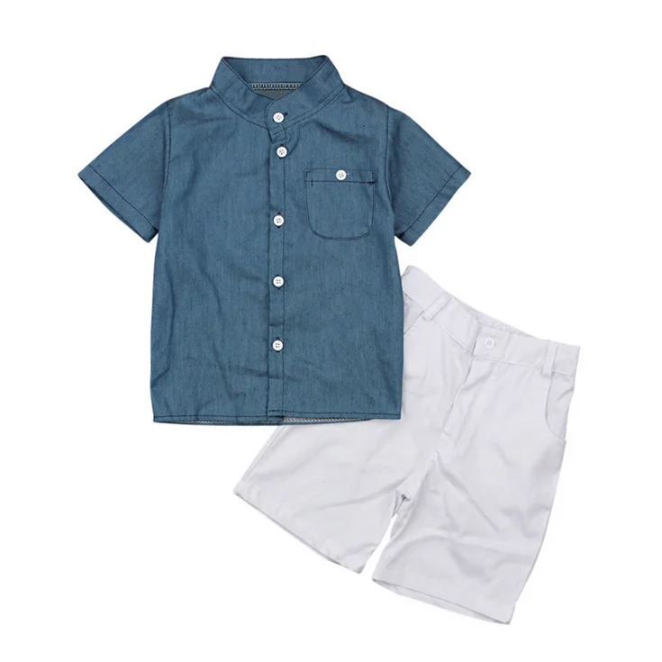 Детская летняя синяя рубашка с короткими рукавами для мальчиков Топ + белые шорты Модный комплект из двух предметов
