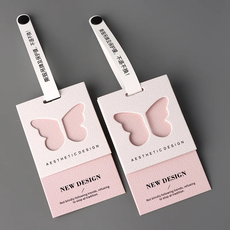 Custom Brand Logo Embossed Small 600 gsm Paper Hangtag Label Butterfly Luxury Clothing Hang Tag with Perforation