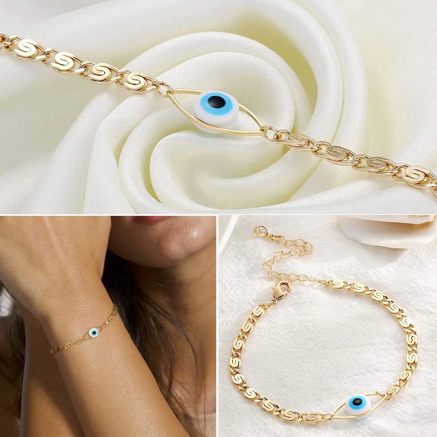 Drop shipping Wholesale Stainless Steel Jewelry Double Chain Custom Gold Plated Blue Evil Eye Charm Bracelet 18K