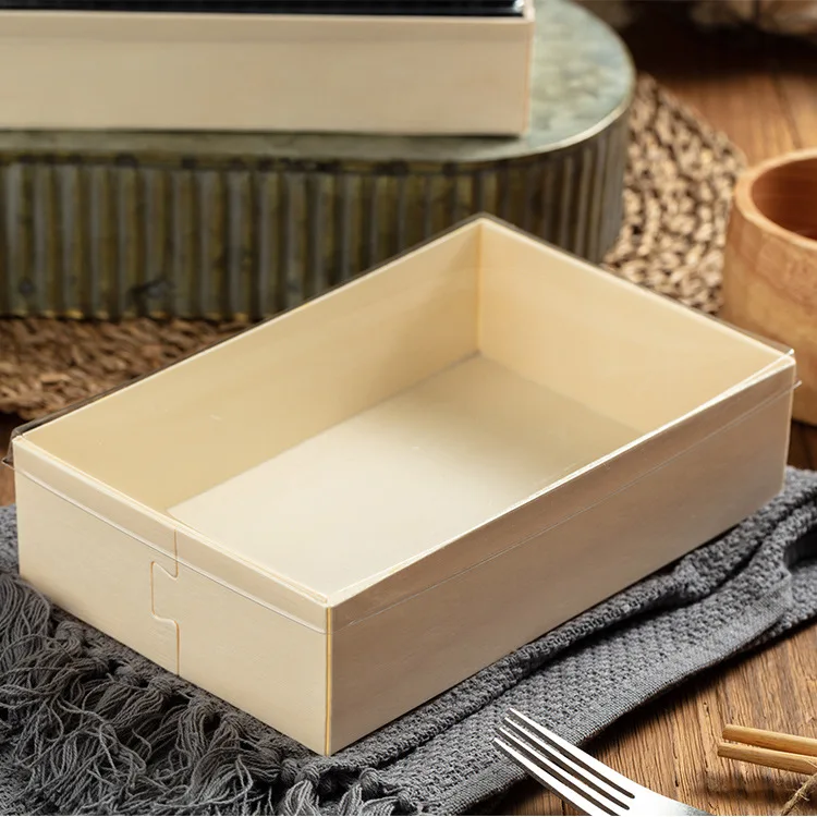 New Design Wood Food Package Box Biodegradable Sushi Pastry Boxes with Clear Cover Variety of Sizes Available