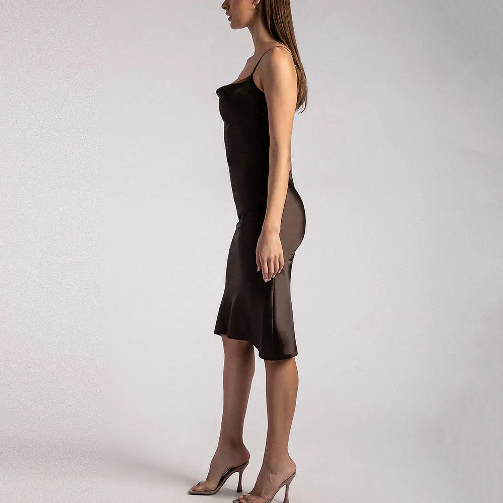 2023 Clothing Manufacturers Custom Lady Luxury High Quality Elegant Ruched Halter Midi Satine Milk Silk Evening Dress For Women