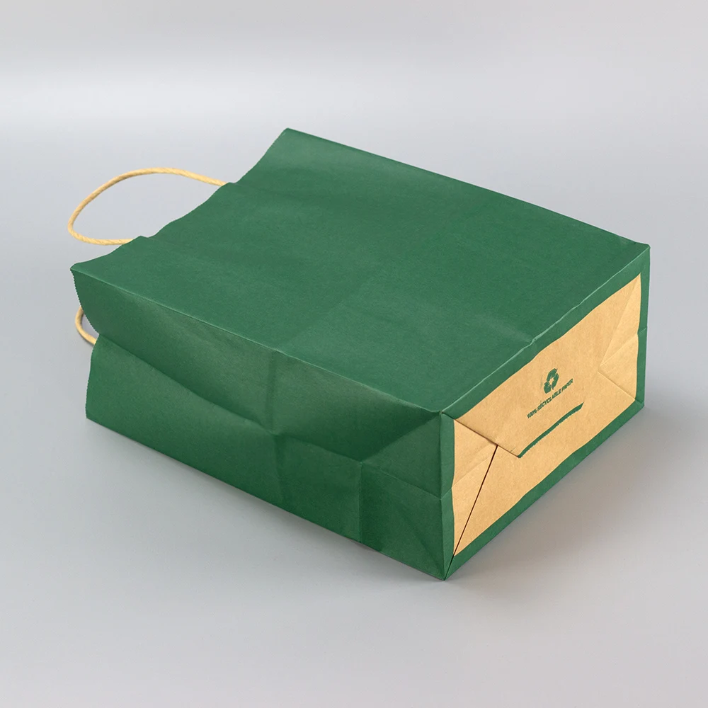 Recyclable Eco-Friendly Reinforced Handle Craft Paper Bag Custom Printed Logo Solid Durable Bottom Green Brown Kraft Paper Bag