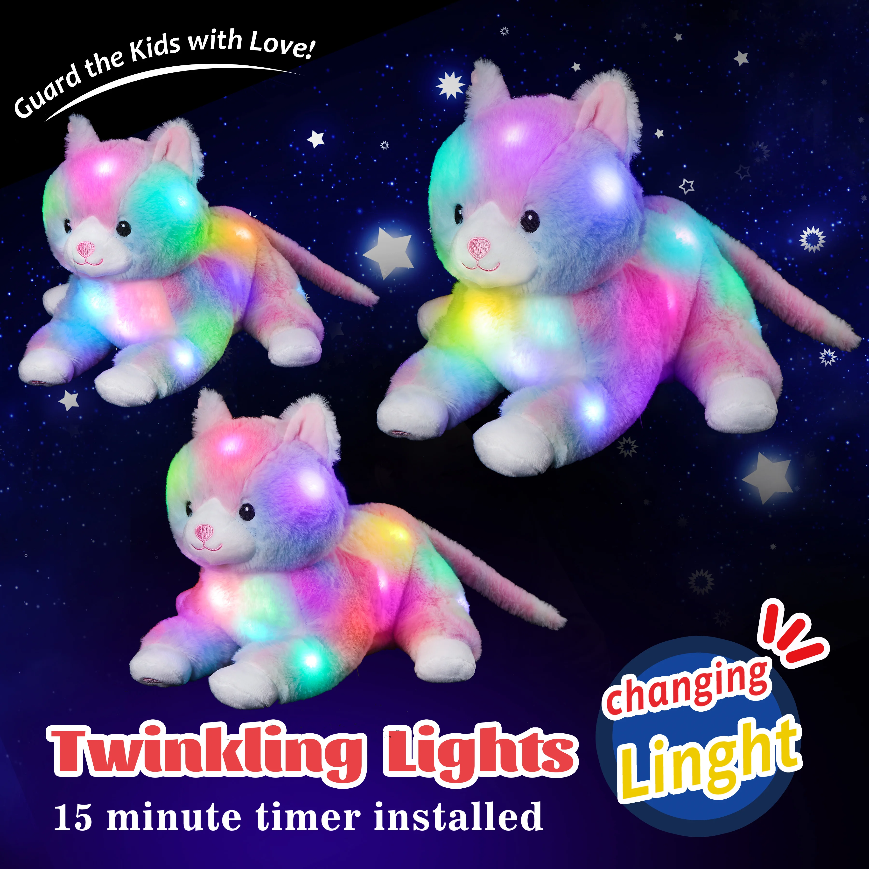 Glow Guards 13' Lying Light up Cat Plush Toy Rainbow Kitty Soft Stuffed Bed Night Light Birthday for Toddler Kids