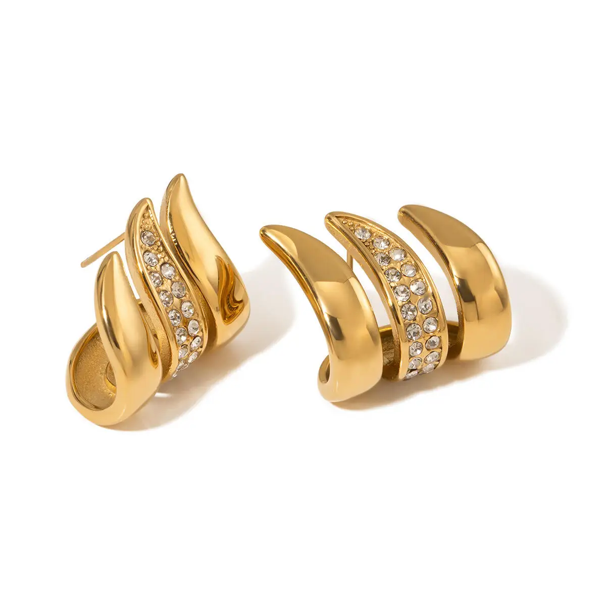 Hypoallergenic 18k PVD Gold Plated Stainless Steel Feather Shape Rhinestone Earrings Women Three-Layer Stone Ring Jewelry Set