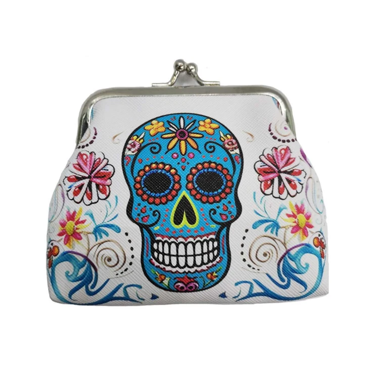 Customized logo pu leather coin purse souvenir woman skull mexican coin bag