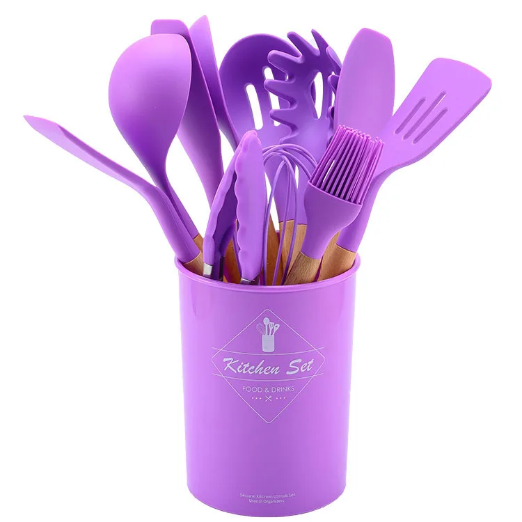Factory Wholesale 12 pcs Non-stick Silicone Utensil Tool Sets With Holder Wooden Handle Cooking Tools Kitchen Accessories