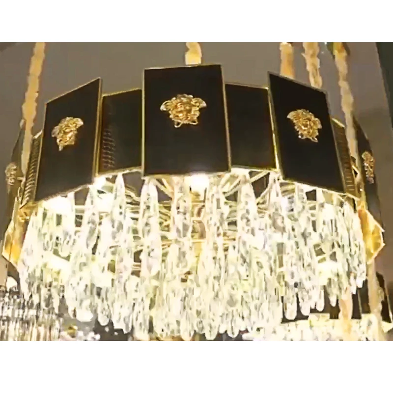 Luxury pendant light 2022 greek medusa style crocodile leather artistic black and gold round crystal chandelier