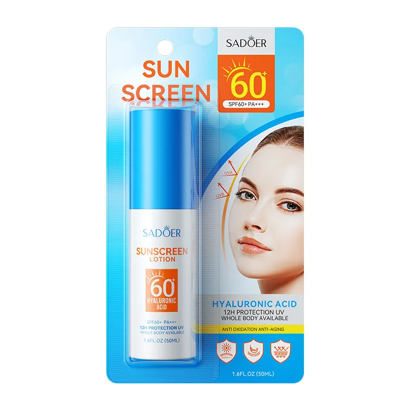 Wholesale SADOER 12 Hours Protection UV Hyaluronic Acid Anti Oxidation Anti-Aging Spf60+ Sunscreen Lotion