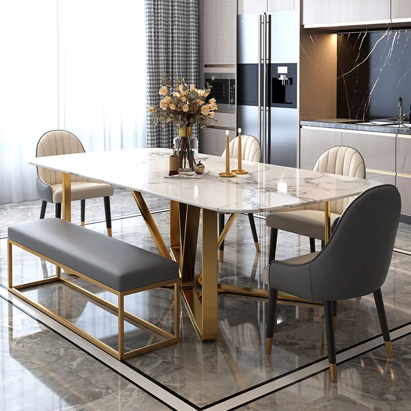 Modern luxury marble style but rock slab top with glass dining table and dining table set 8 seater