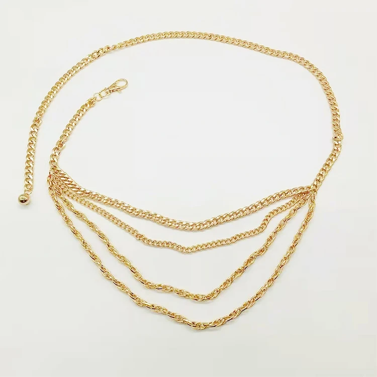 
2021 hot selling metal waist chain belt Gold plated Multilayer chunky chian Unisex metal jeans chain belt 