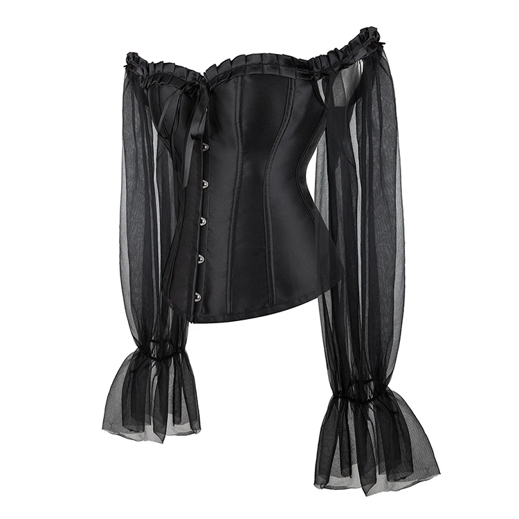 Off Shoulder Gothic Corselet Overbust Corset Black Sheer Long Sleeve Bustier Top Korset Basques Shirt