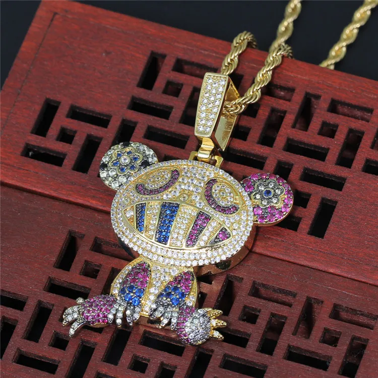 
Hiphop Jewelry Rock Style Brass CZ Colorful Frog Pendants With Cubic Zirconia Rope Chain Animal bling Necklace Men And Women 