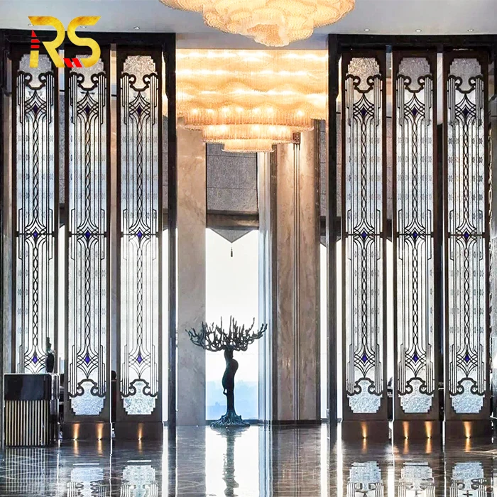 Foshan decorative custom curved  partition divider gold steel screen room divider for salon