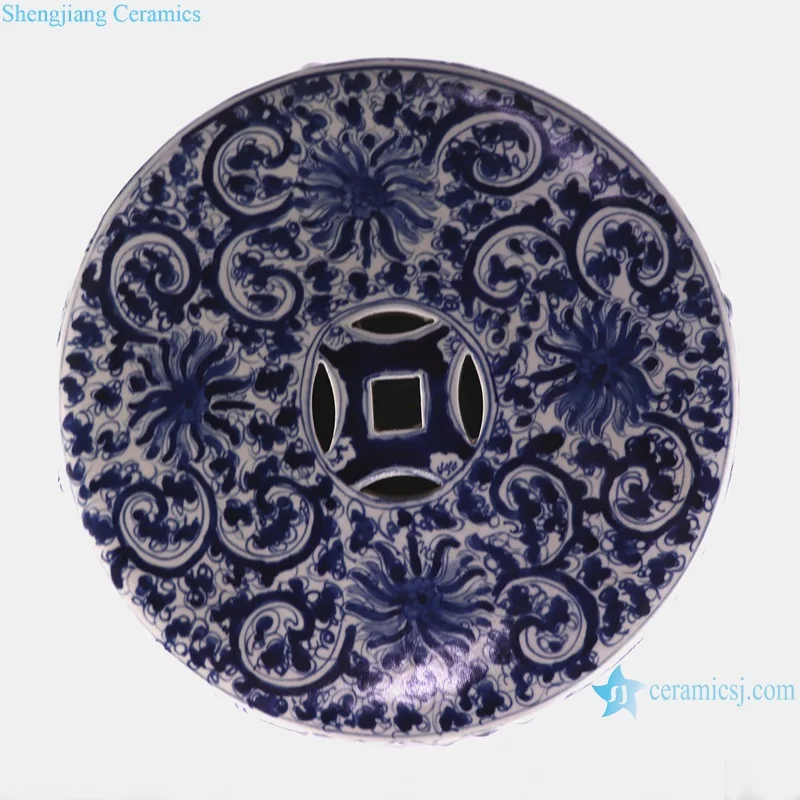 RYKB164-A Blue and White Porcelain hand Painted Twisted flower Pattern Home Garden Drum Stool Ceramic Seat