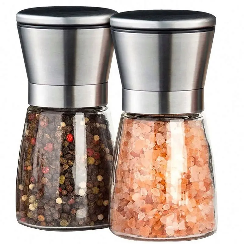 R&D Supported Salt And Pepper Grinder Bottles Stainless Steel Short Glass Shakers With Adjustable Coarseness