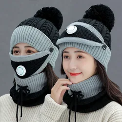 Slouchy Snow Knit Cap Infinity Scarves for Women POM POM Beanie Hat Scarf with breather valve