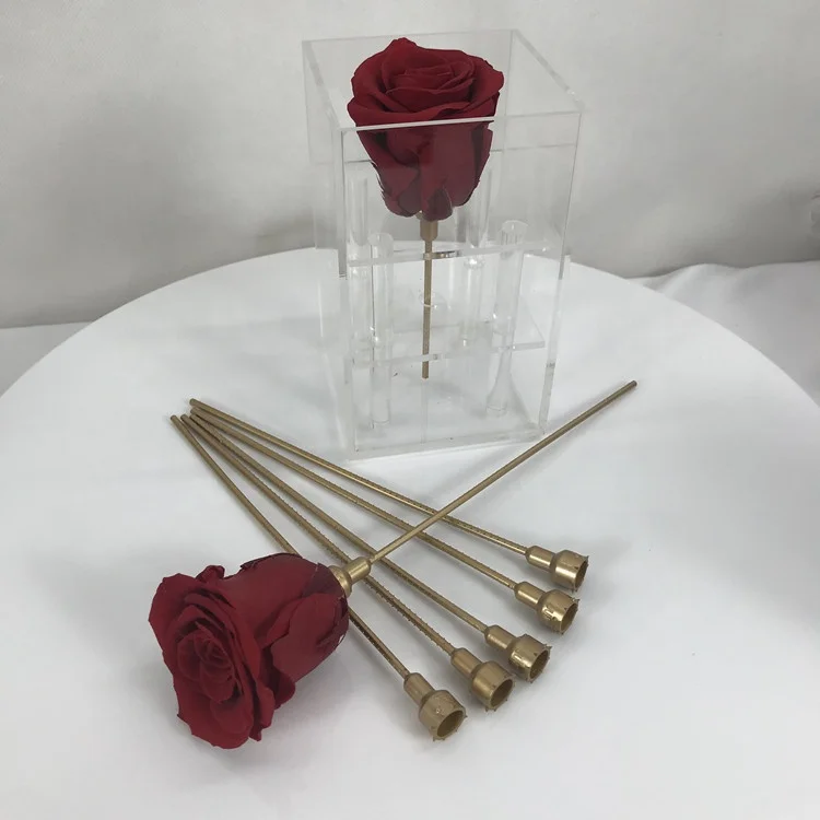 wholesale high quality golden silver artificial plastic rose stems for preserved rose flower head in acrylic box