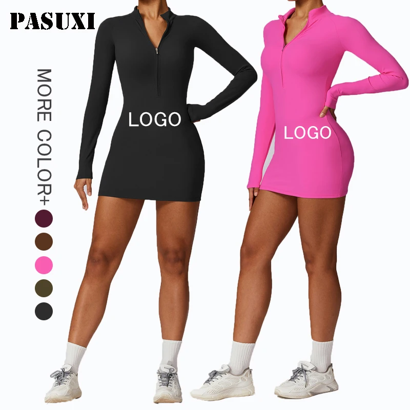 PASUXI 2024 Custom Half Zipper Casual Skirt Jumpsuits for Ladies One Piece Dress Seamless Fitness Workout Yoga Tight Jumpsuit