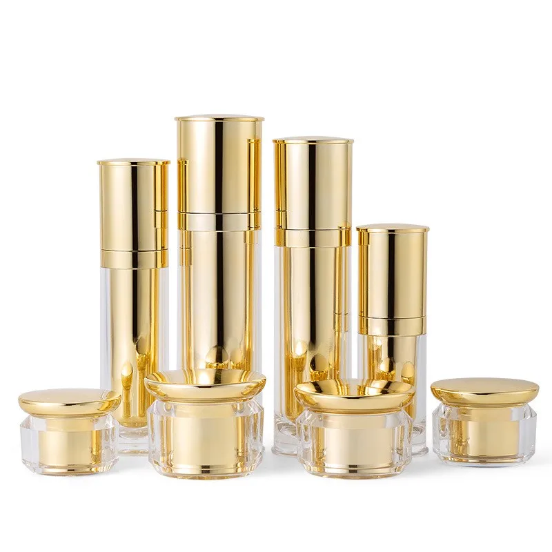 Luxury Custom  20g 30g 50g 30ml 50ml 80ml 100ml 120ml  cosmetic set round gold acrylic serum bottle Plastic cream jar with lids