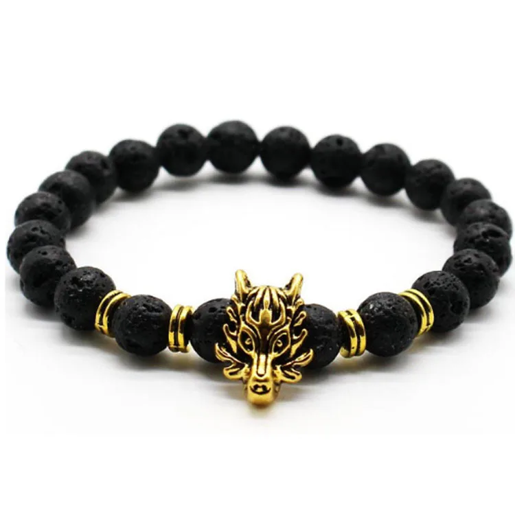 Kingcome Creative Volcanic Stone Bracelet Jewelry Elastic Natural Stone Domineering Dragon Totem Bracelets for Men