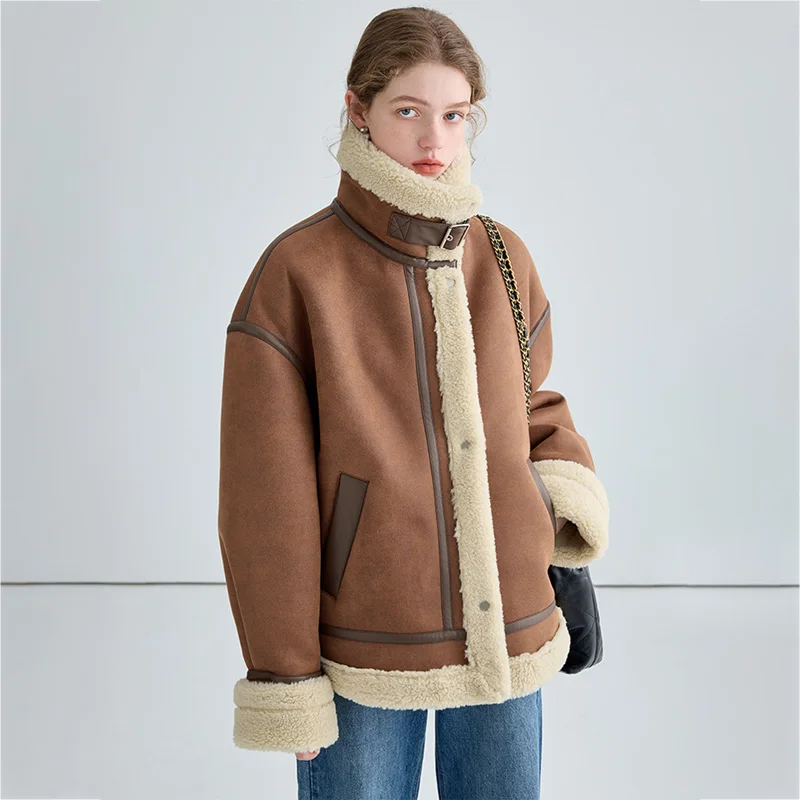 Vega Chang 2025 Winter New Motorcycle Style Imitation Fur One Short Coat   Thick Plush Coat