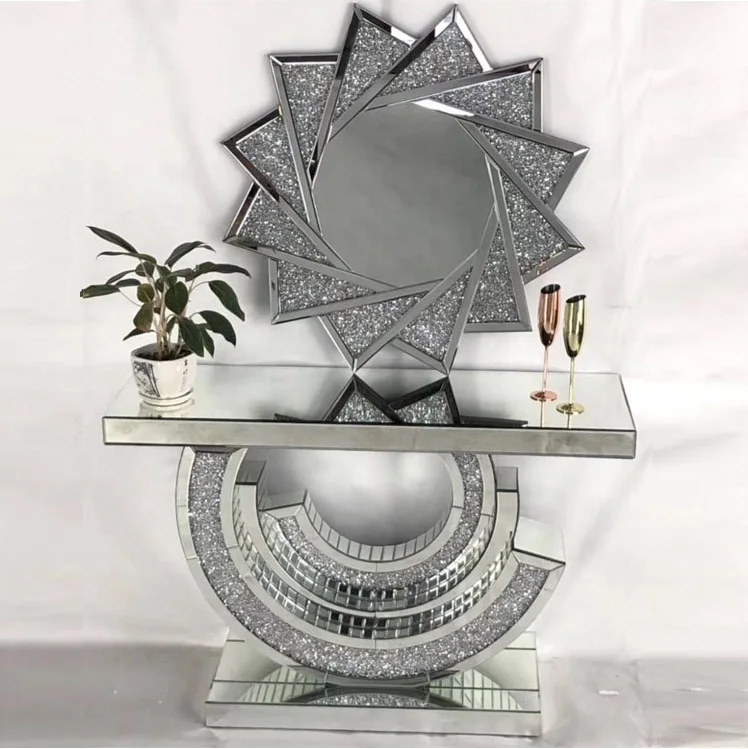 Living room furniture mirrored console table crushed diamond hall table with wall mirror